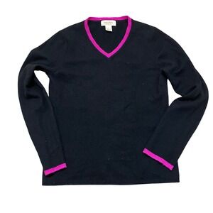 Peck & Peck Black Cashmere V Neck Sweater Hot Pink‎ Trim Women's M